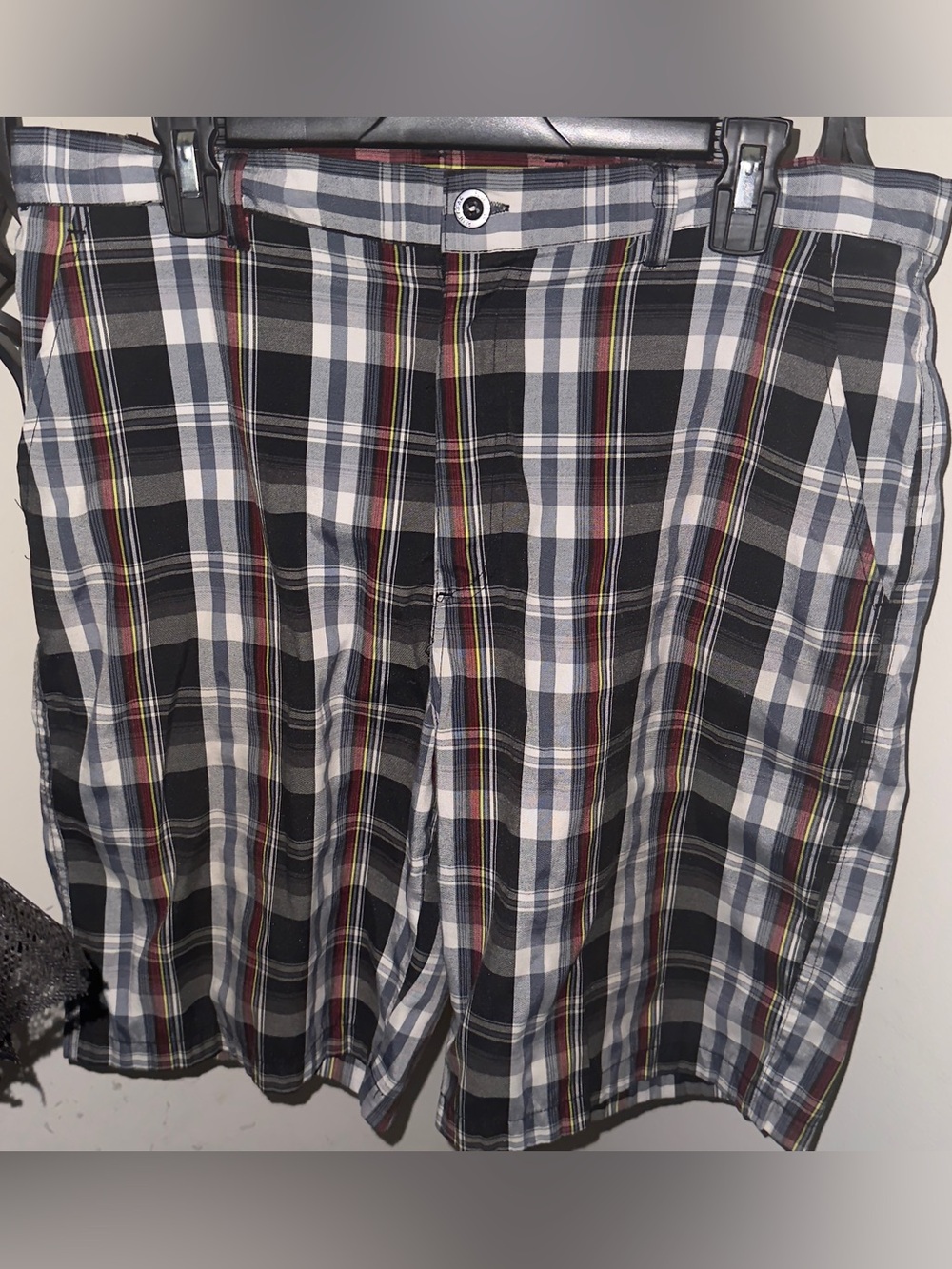 Men’s Plaid Cotton Shorts in Black, White & Gray with Red Stripe